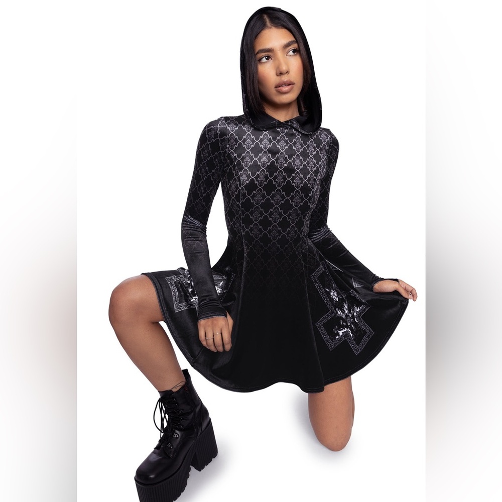 NWT! Blackmilk Baphomet Hooded Velvet LS Evil Mini Skater Dress - XS